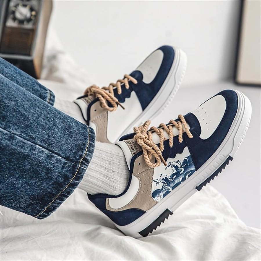 Velozi Men's Artistic Wave Low-Top Sneakers – Navy & Beige Edition