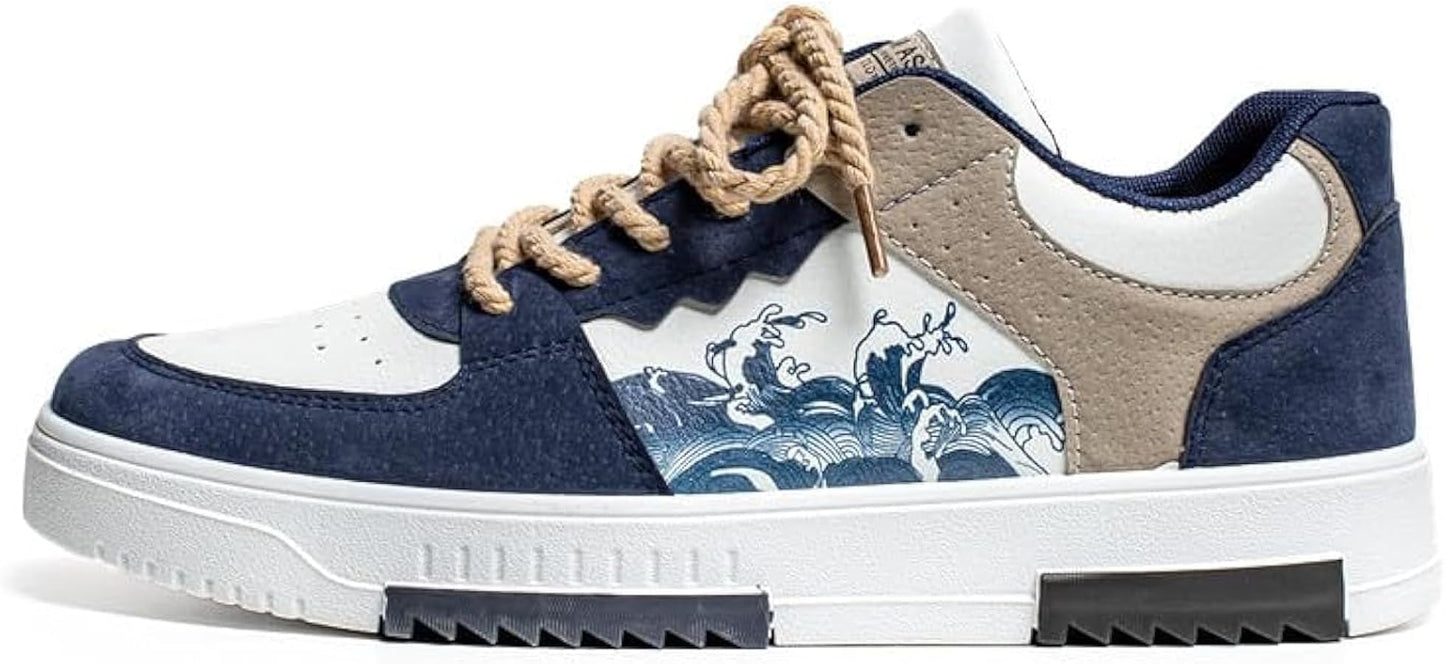 Velozi Men's Artistic Wave Low-Top Sneakers – Navy & Beige Edition