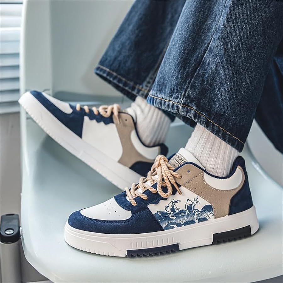 Velozi Men's Artistic Wave Low-Top Sneakers – Navy & Beige Edition