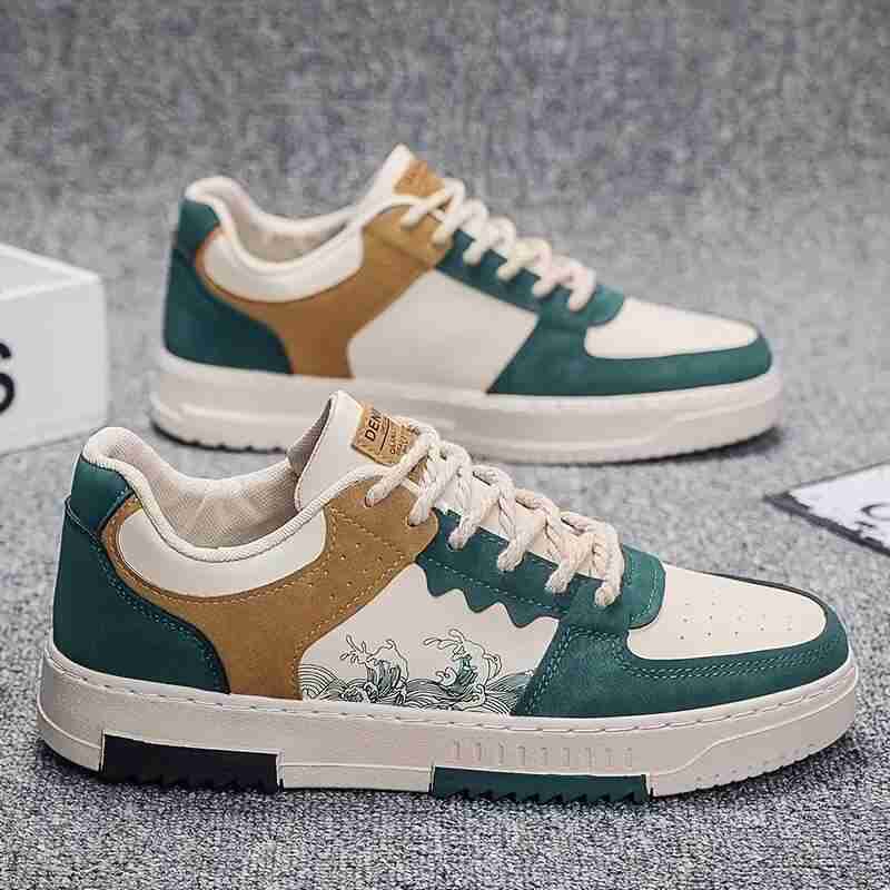 Velozi Men's Retro Street Art Low-Top Sneakers – Green & Tan Edition