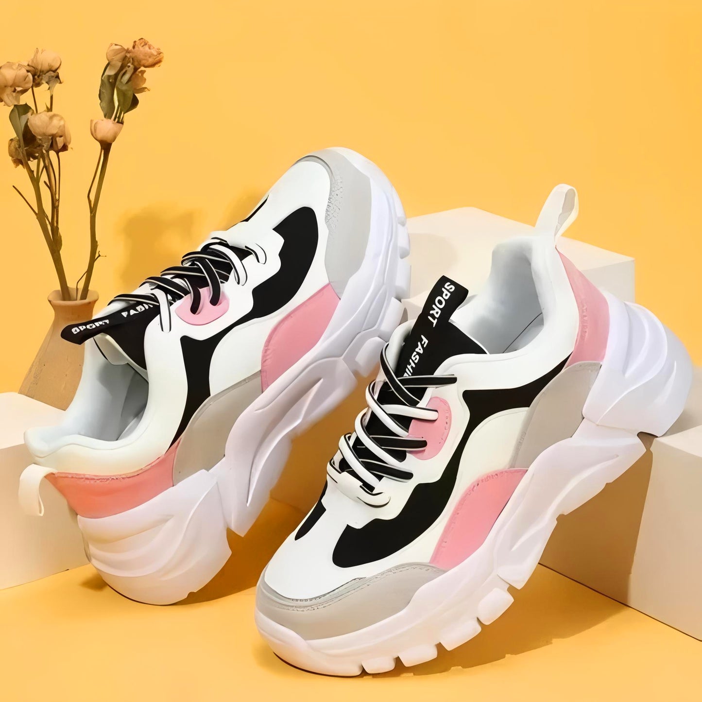 Velozi StrideMax Chunky Sneakers – Pink, Black & White