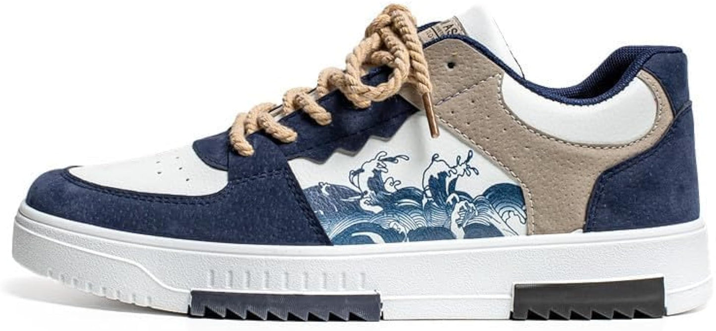 Velozi Men's Artistic Wave Low-Top Sneakers – Navy & Beige Edition