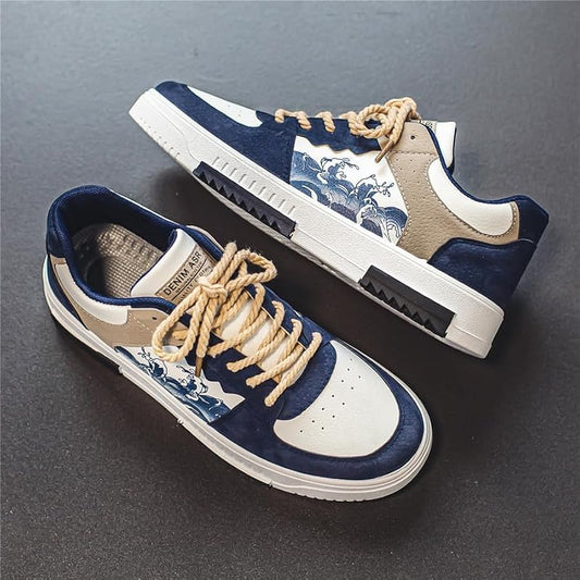 Velozi Men's Artistic Wave Low-Top Sneakers – Navy & Beige Edition