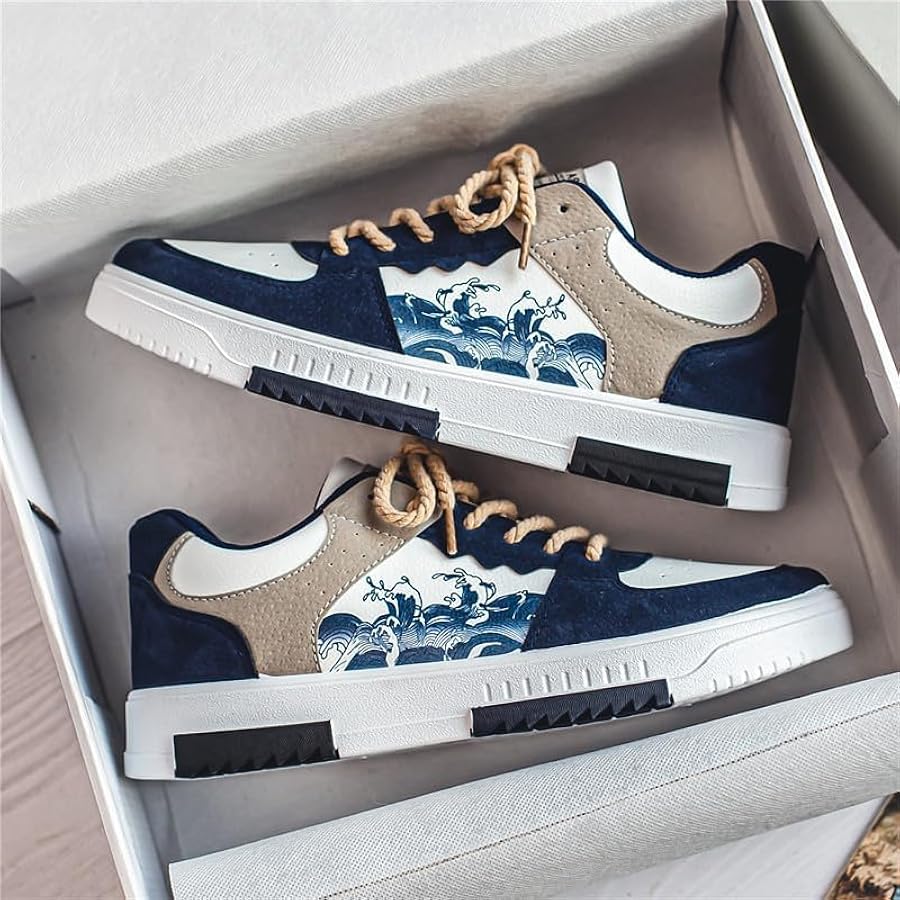 Velozi Men's Artistic Wave Low-Top Sneakers – Navy & Beige Edition