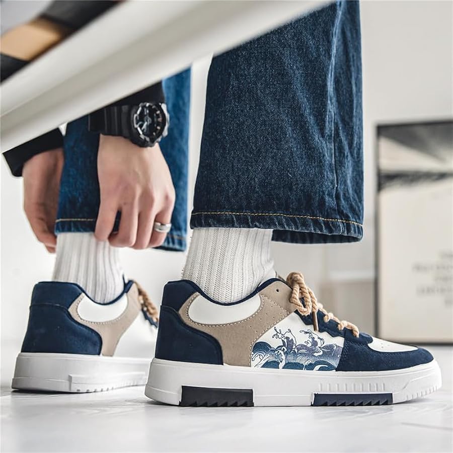 Velozi Men's Artistic Wave Low-Top Sneakers – Navy & Beige Edition