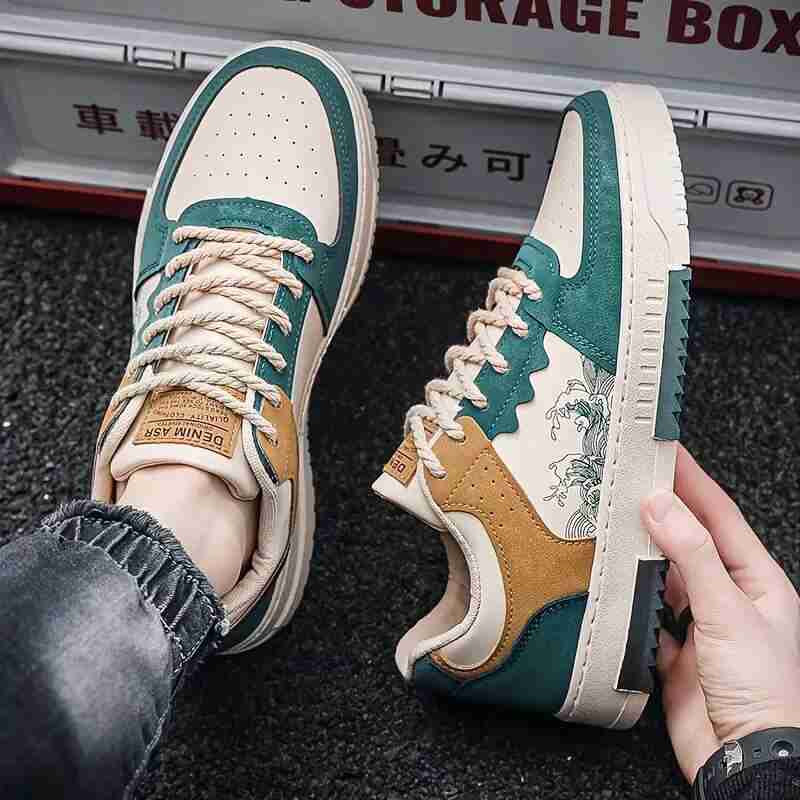 Velozi Men's Retro Street Art Low-Top Sneakers – Green & Tan Edition