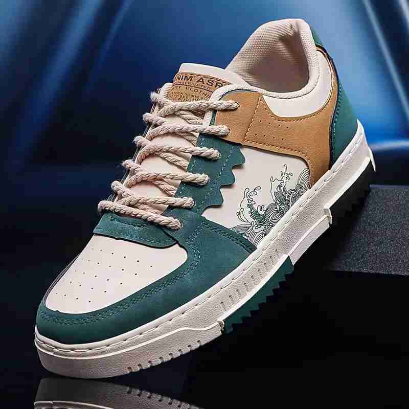 Velozi Men's Retro Street Art Low-Top Sneakers – Green & Tan Edition