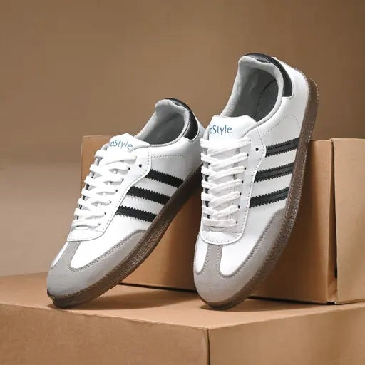 Velozi Retro Stripe Sneakers – Classic White & Grey